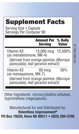 Vue arrière du flacon de Vitamine K2 MK4 et MK7 avec informations sur la composition