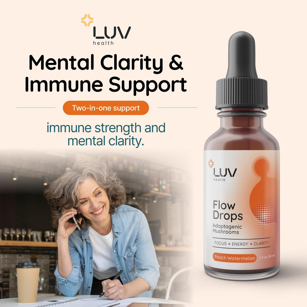 Vue arrière du flacon Flow Drops LUV avec informations nutritionnelles