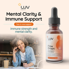 Vue arrière du flacon Flow Drops LUV avec informations nutritionnelles