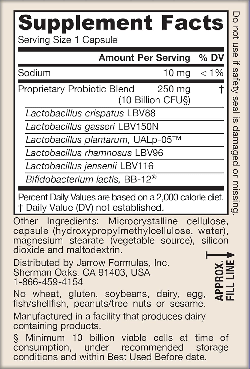 Vue arrière du flacon Jarrow Formulas Fem-Dophilus