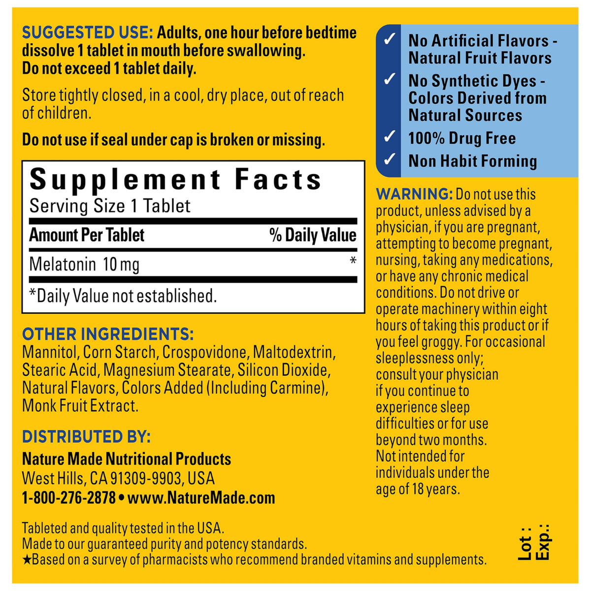 Vue arrière du flacon Nature Made Melatonin 10 mg