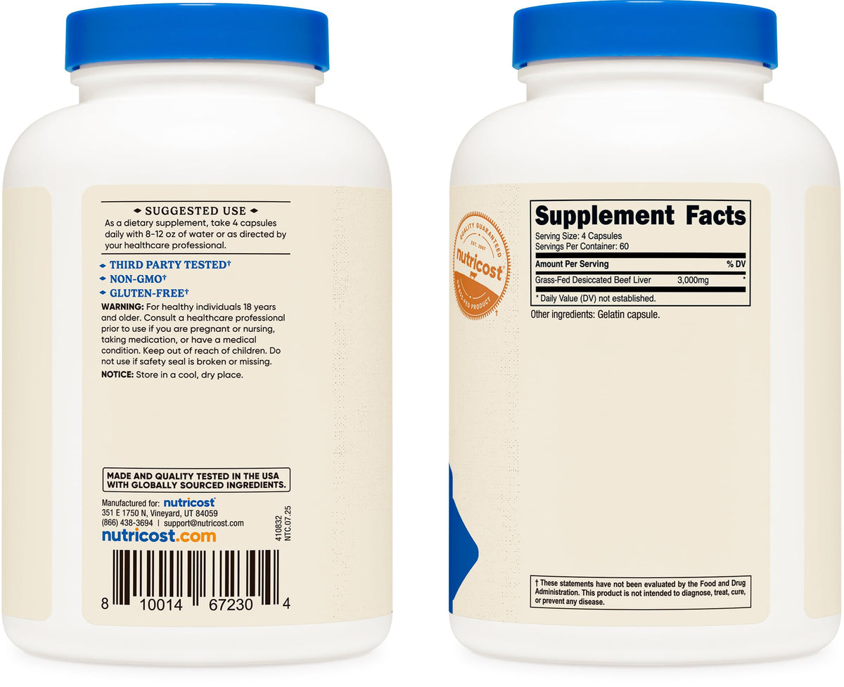 Vue arrière du flacon Nutricost Foie de Boeuf Déshydraté 3000mg