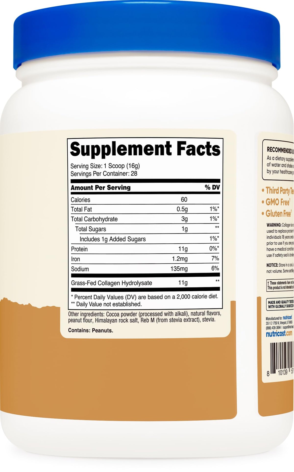 Vue arrière du flacon Nutricost Peptides de Collagène 540g