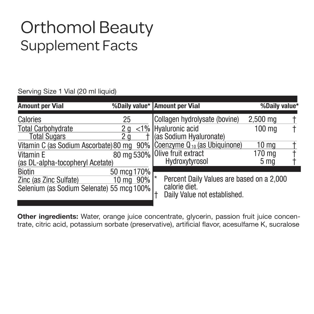 Vue arrière du flacon Orthomol Beauté avec informations nutritionnelles