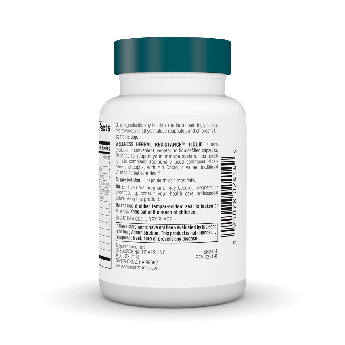 Vue arrière du flacon Source Naturals Résistance Herbacée