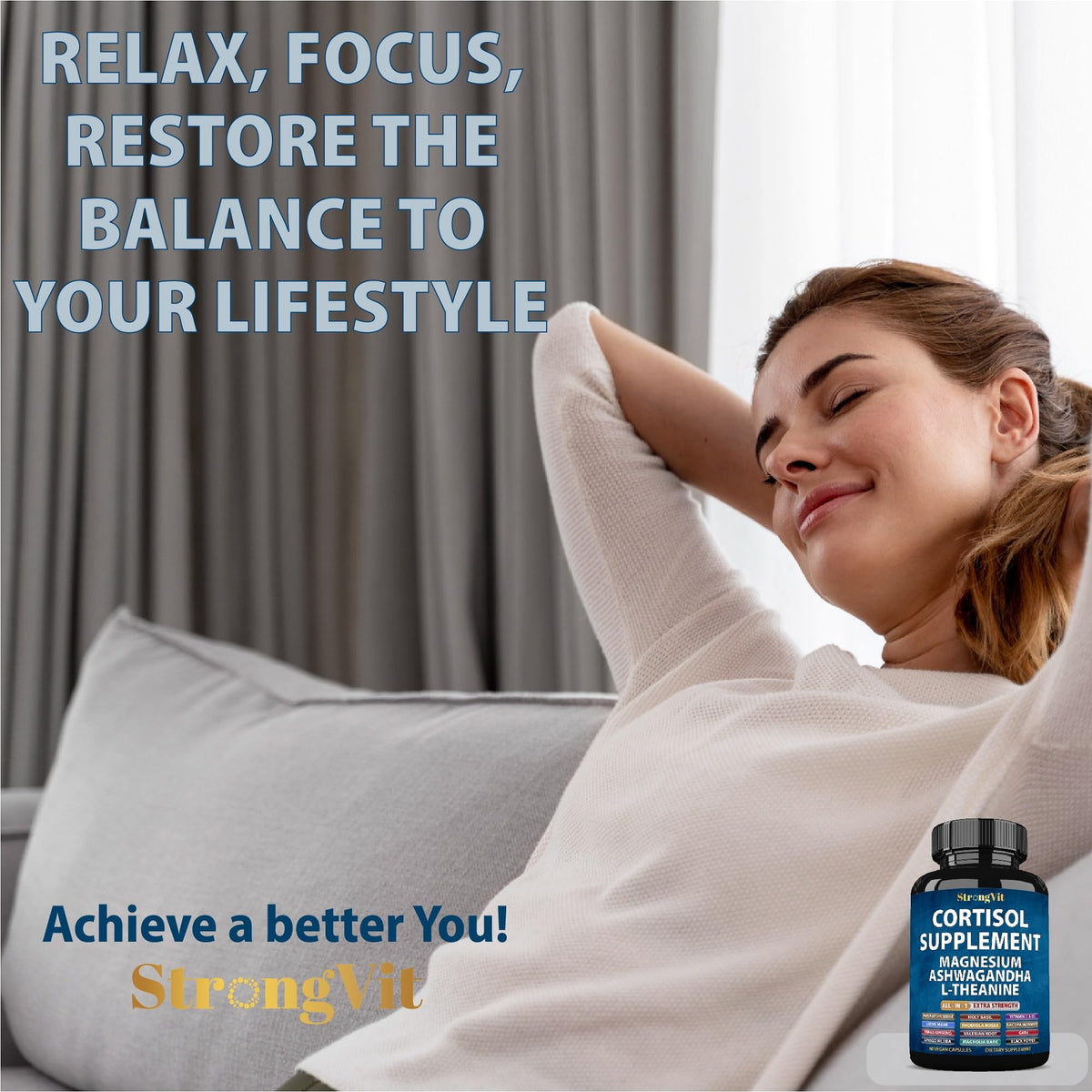 Vue arrière du flacon StrongVit Cortisol montrant les informations nutritionnelles
