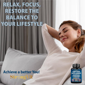 Vue arrière du flacon StrongVit Cortisol montrant les informations nutritionnelles