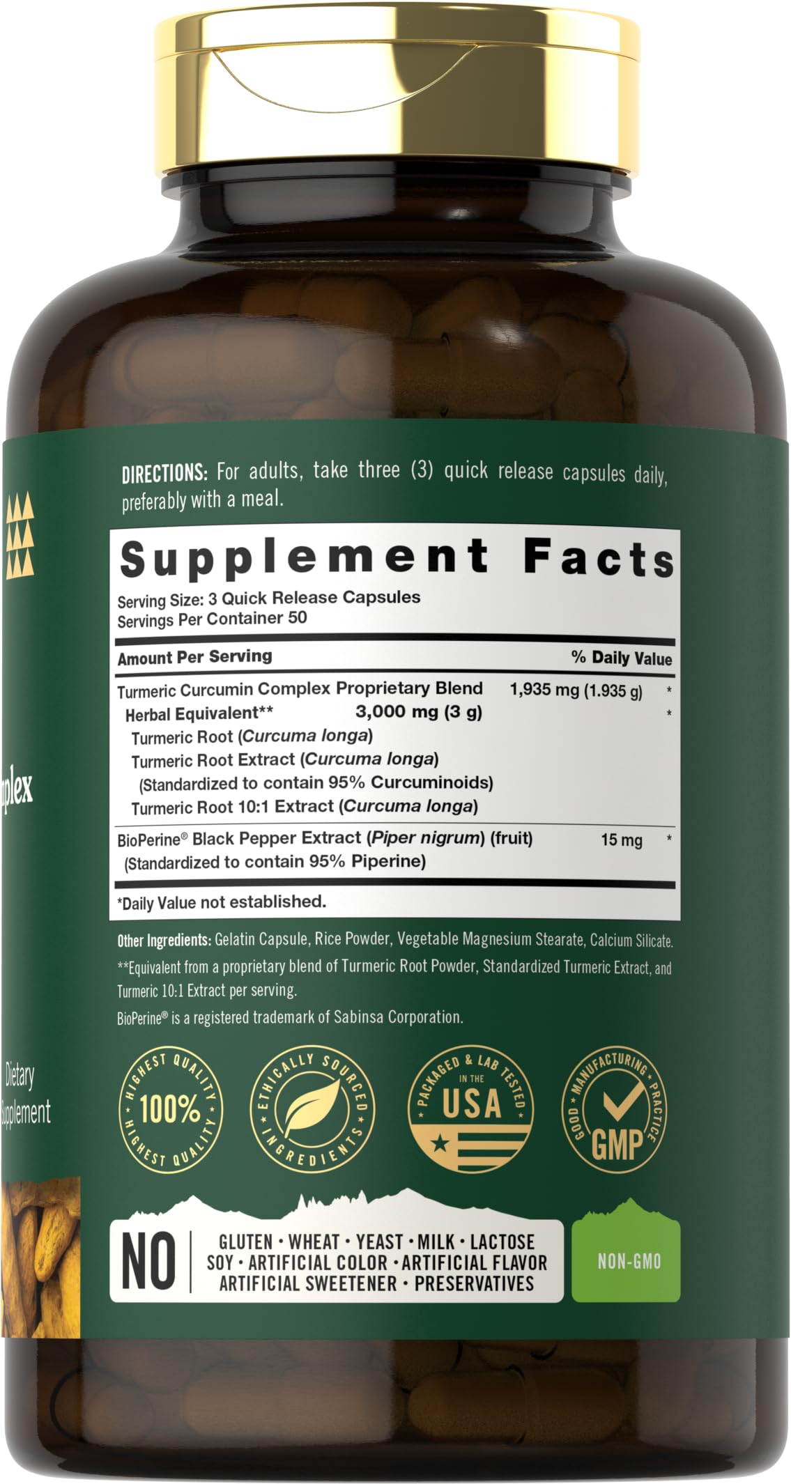 Vue arrière du flacon Tahoe Nutritionals Curcuma Curcumine