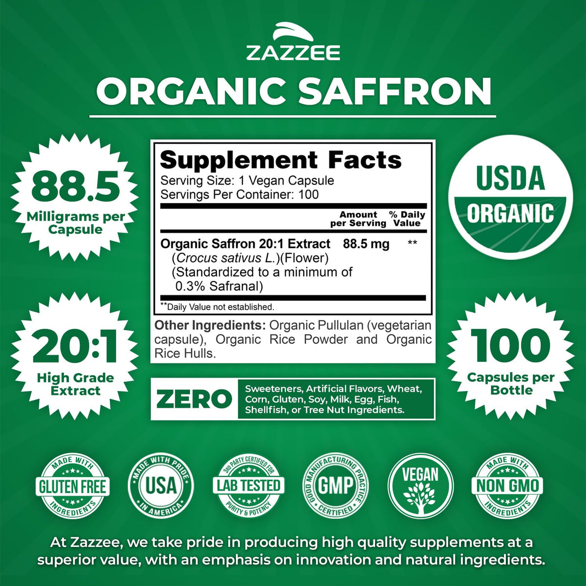 Vue arrière du flacon Zazzee Extrait de Safran Bio