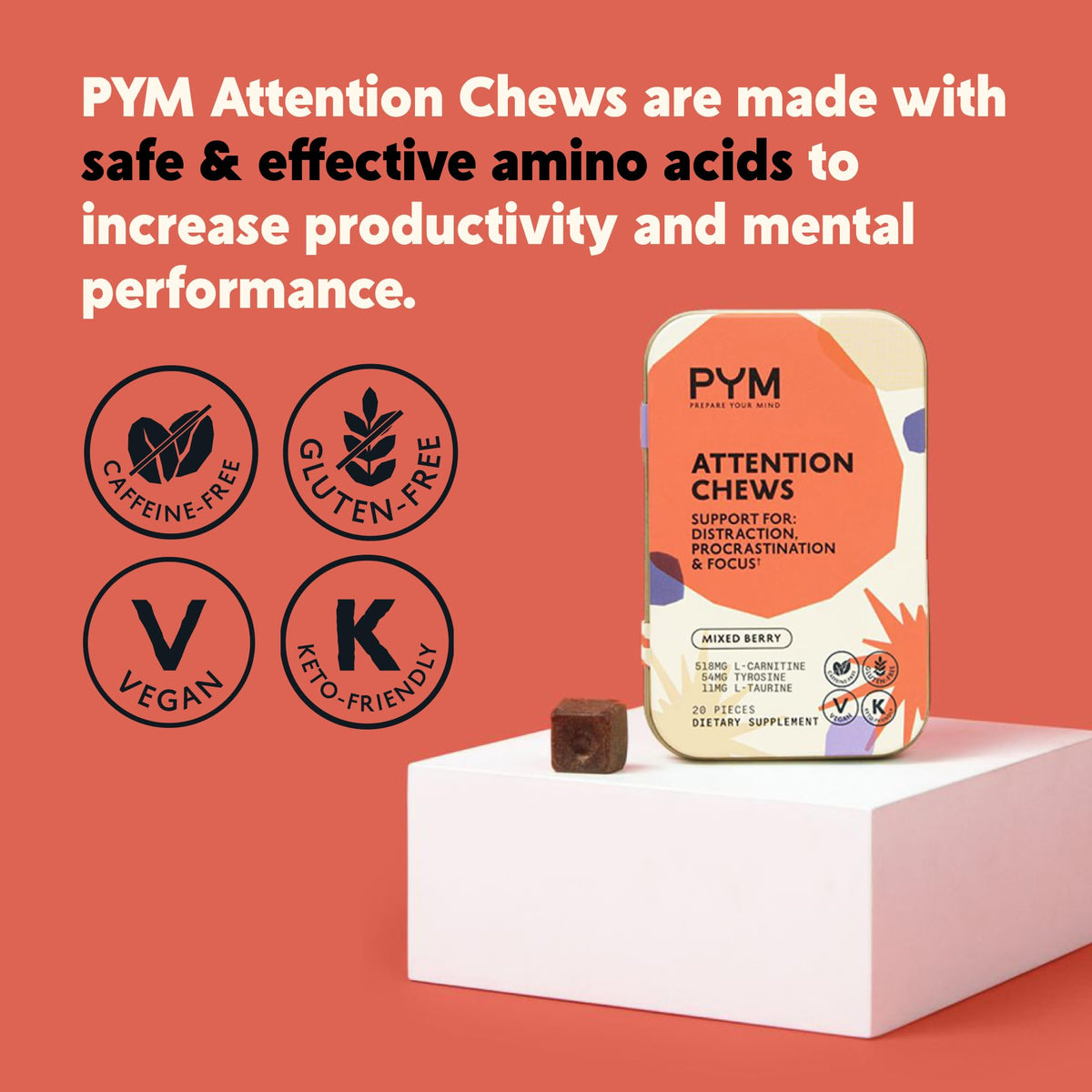 Vue arrière du paquet de chews PYM Attention