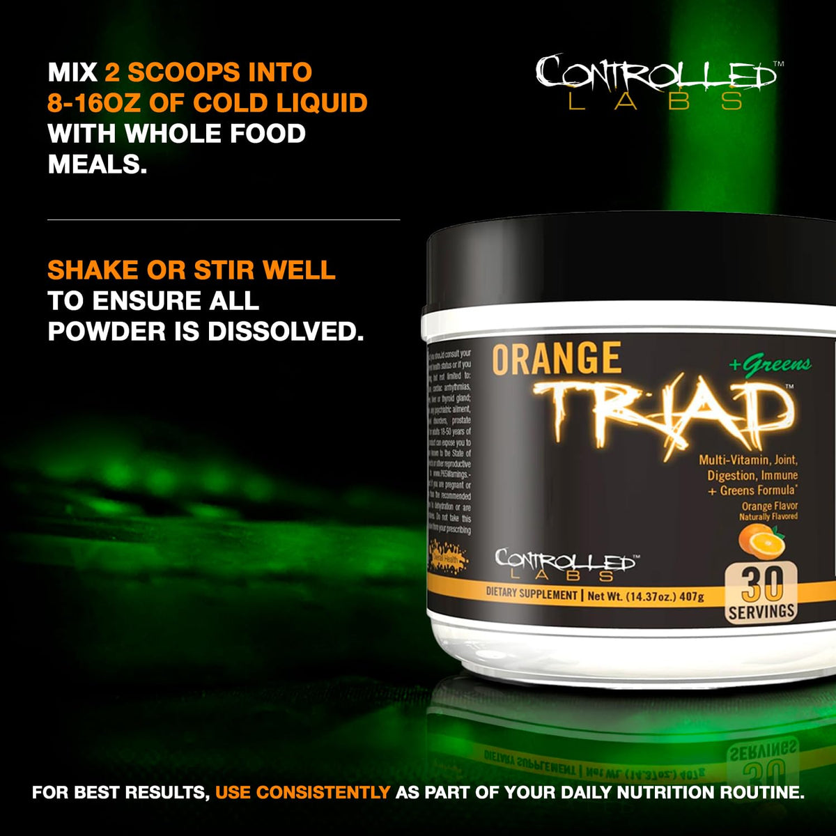 Vue arrière du pot CONTROLLED LABS Orange Triad + Greens