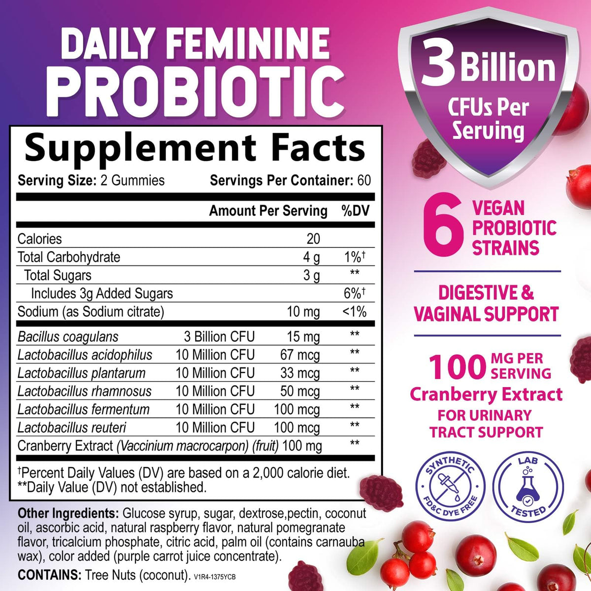 Vue arrière du pot de gummies probiotiques pour femmes Nature's Nutrition