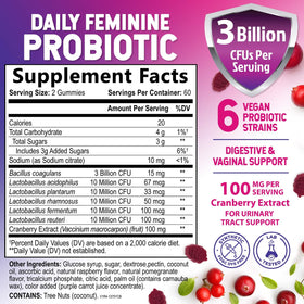 Vue arrière du pot de gummies probiotiques pour femmes Nature's Nutrition