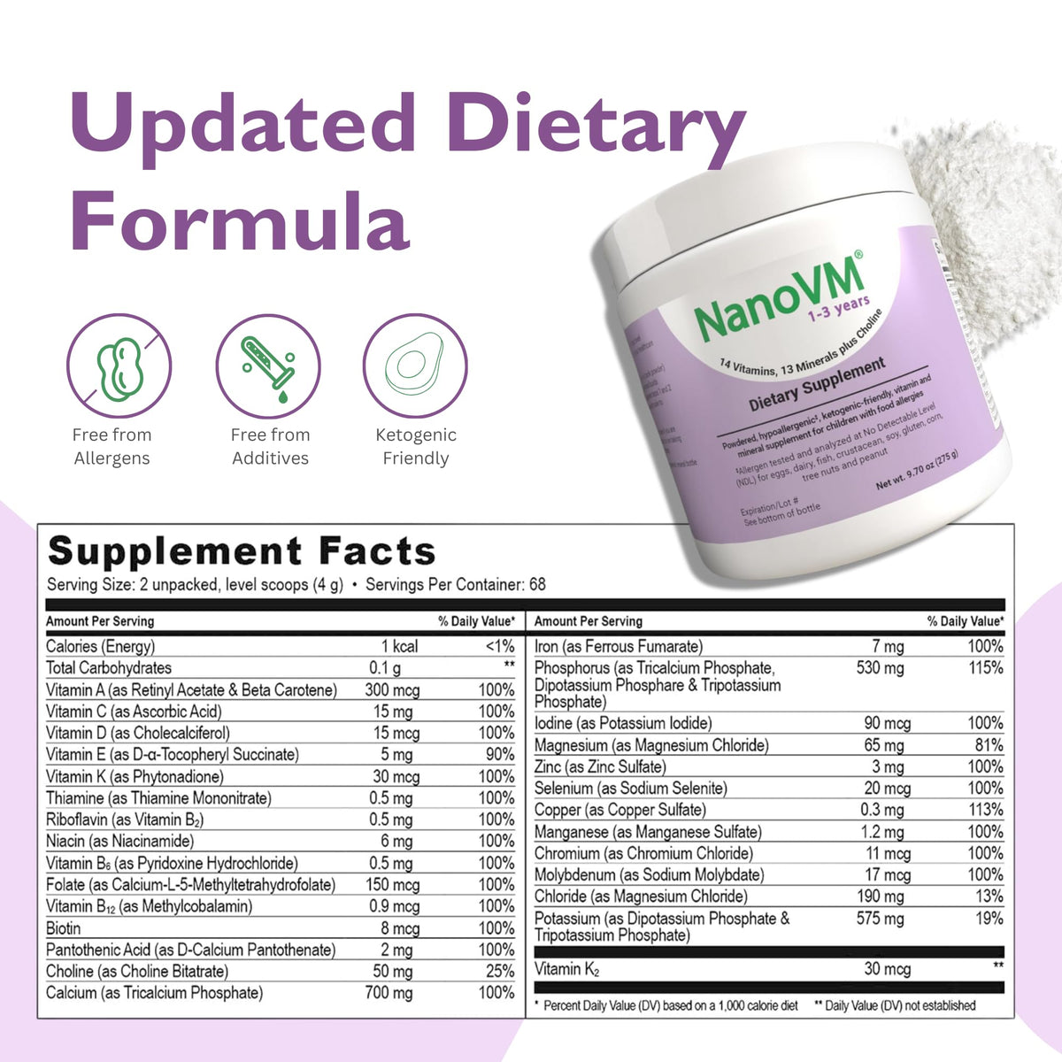 Vue arrière du pot de NanoVM multivitamines 1-3 ans