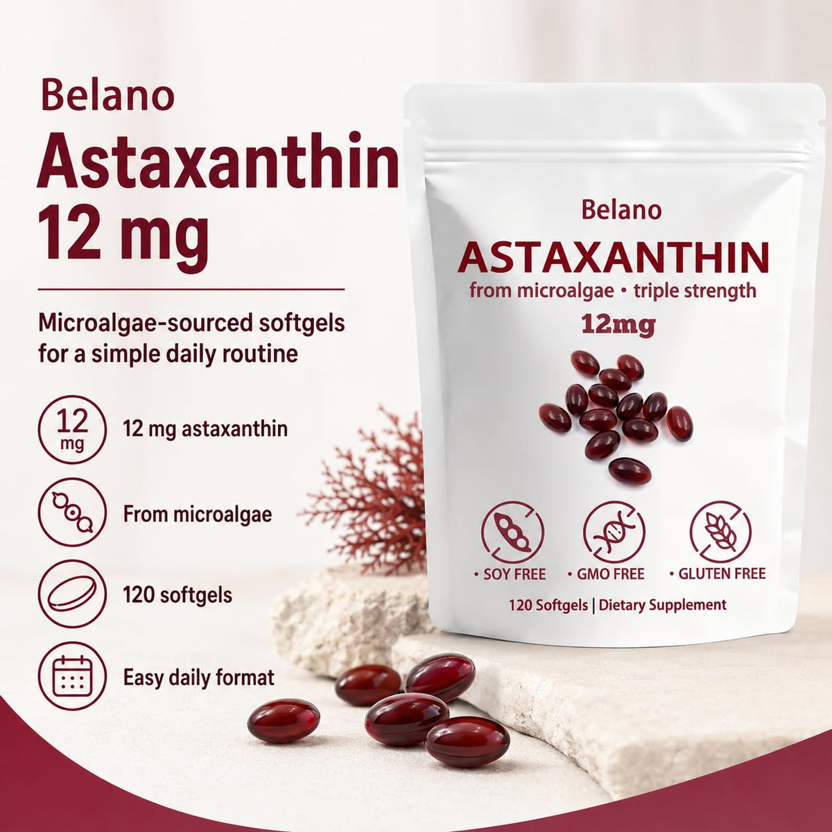 Vue arrière du sachet de gélules Belano Astaxanthin