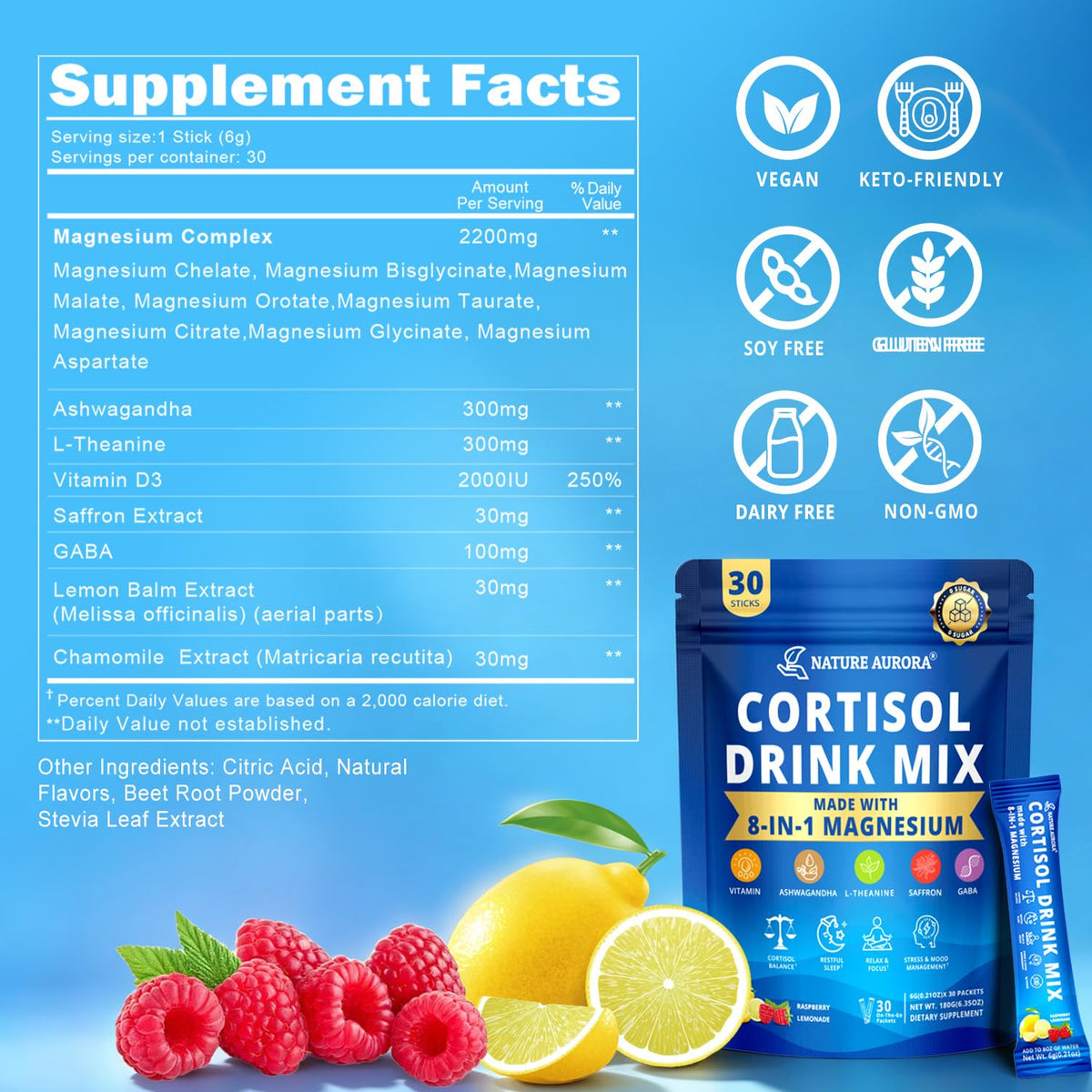 Vue arrière du sachet de Mélange à boire Cortisol Nature Aurora