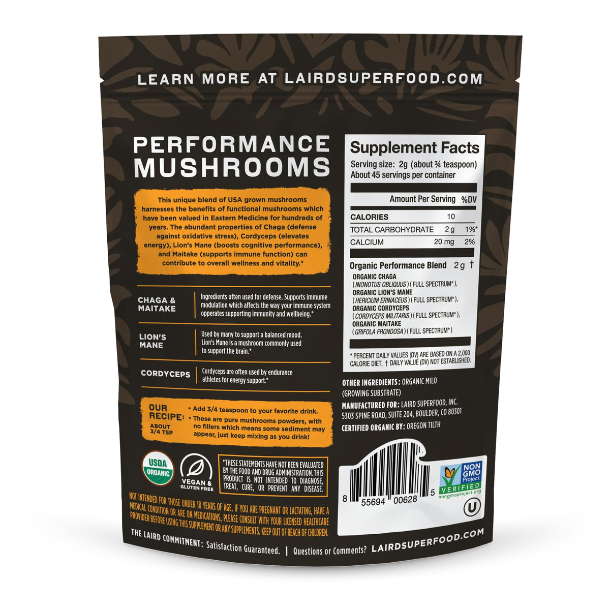 Vue arrière du sachet de mélange de champignons bio Laird Superfood