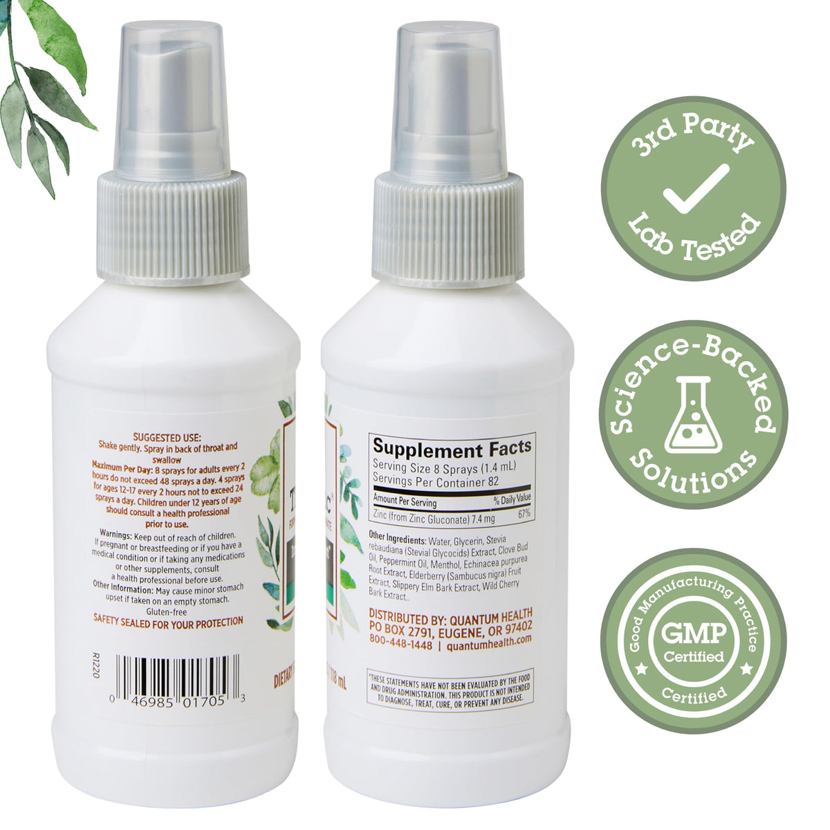 Vue arrière du spray TheraZinc montrant les ingrédients
