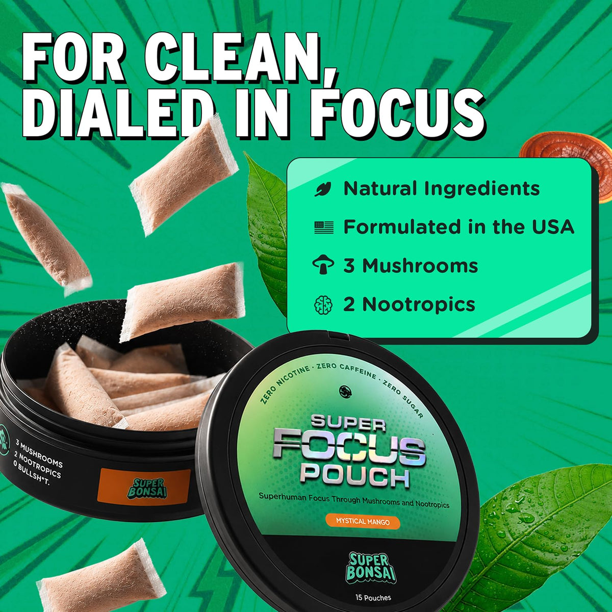 Vue arrière du SuperBonsai Super Focus Pouch montrant les ingrédients