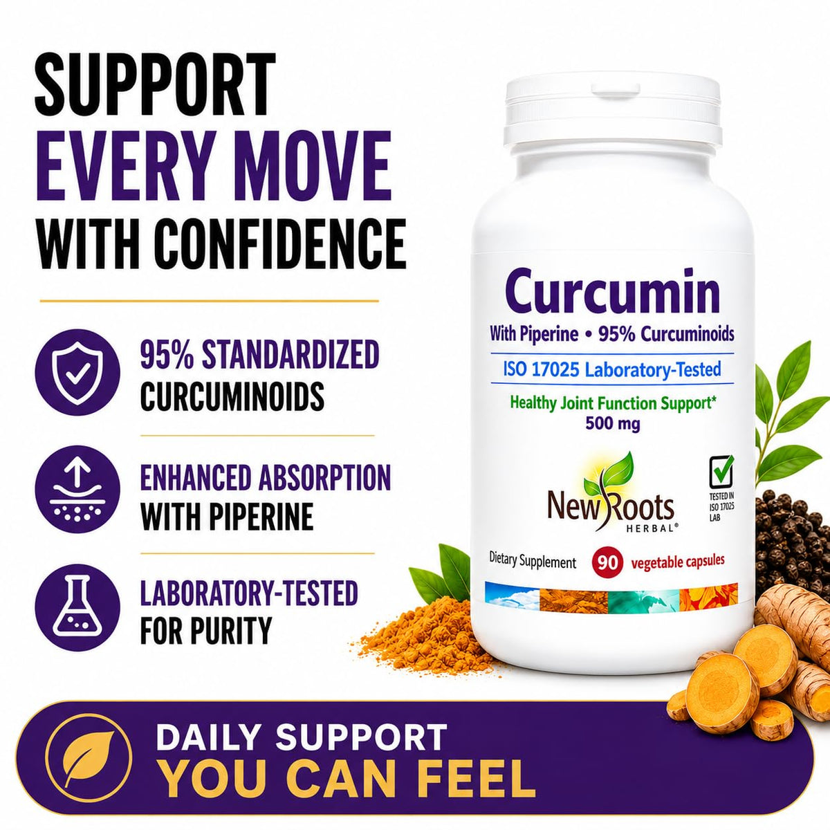 Vue avant des capsules Curcuma Curcumine avec étiquette et dosage