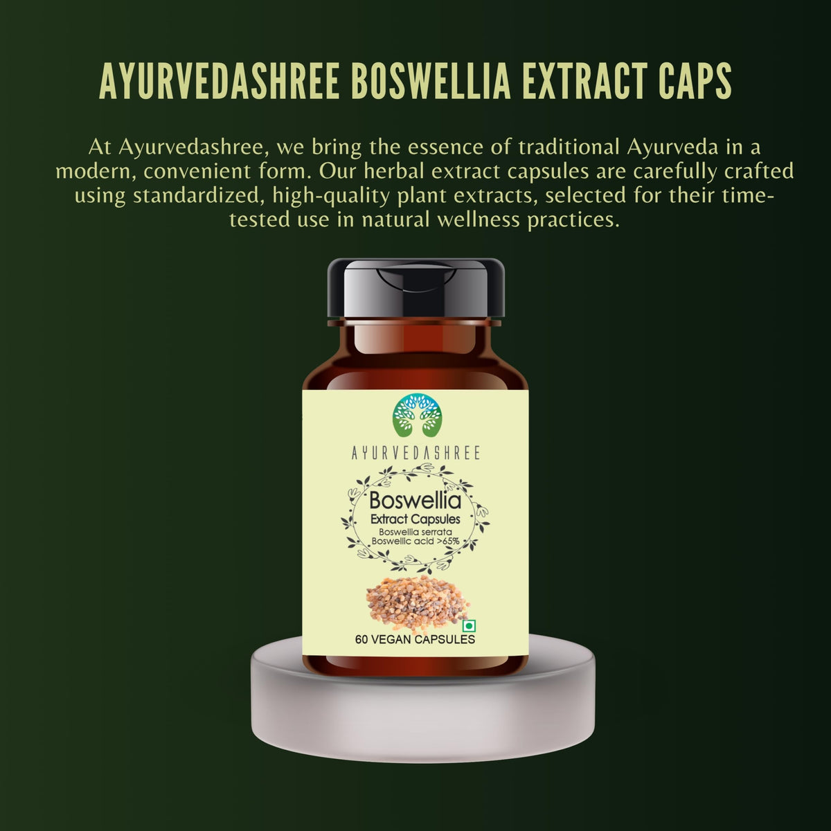 Vue avant des capsules d'extrait de Boswellia Serrata AYURVEDASHREE