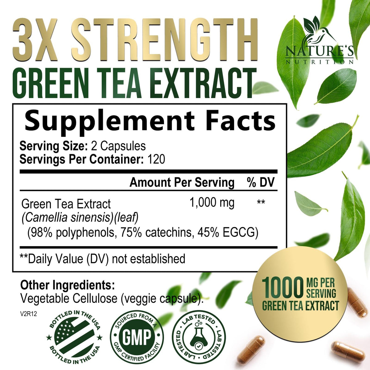 Vue avant des capsules d'extrait de thé vert Nature's Nutrition