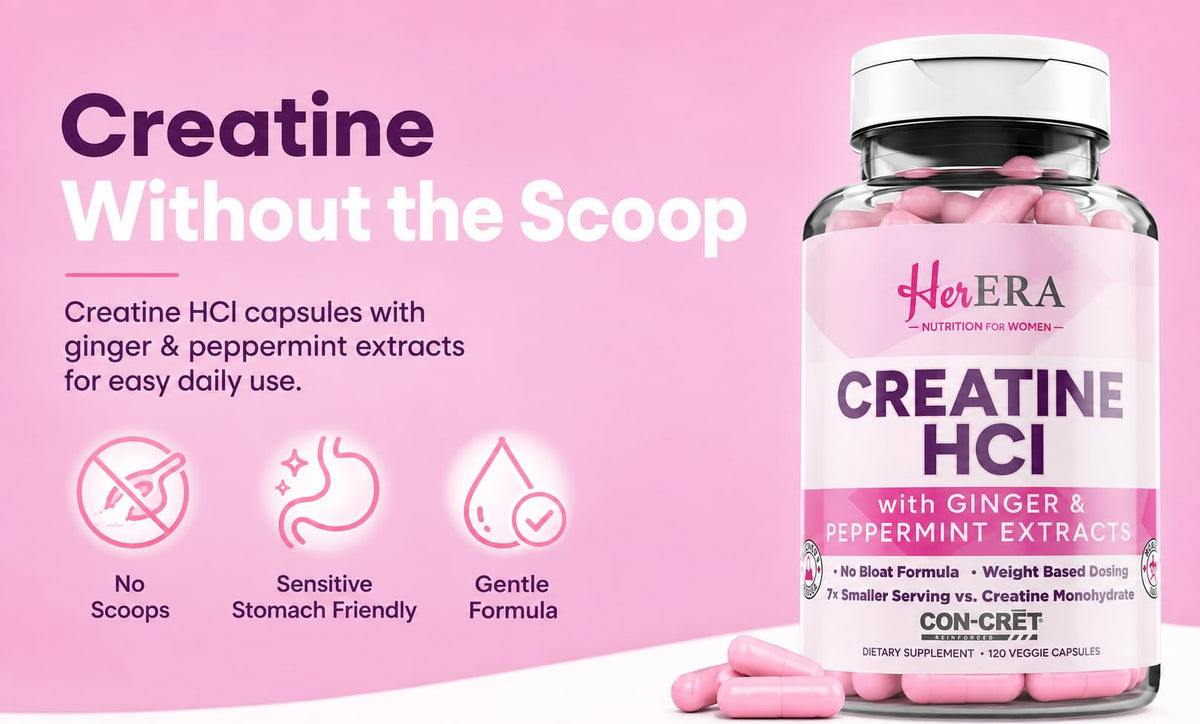 Vue avant des capsules de créatine HCl Her ERA sur fond blanc