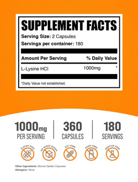 Vue avant des capsules de L-Lysine HCl BulkSupplements