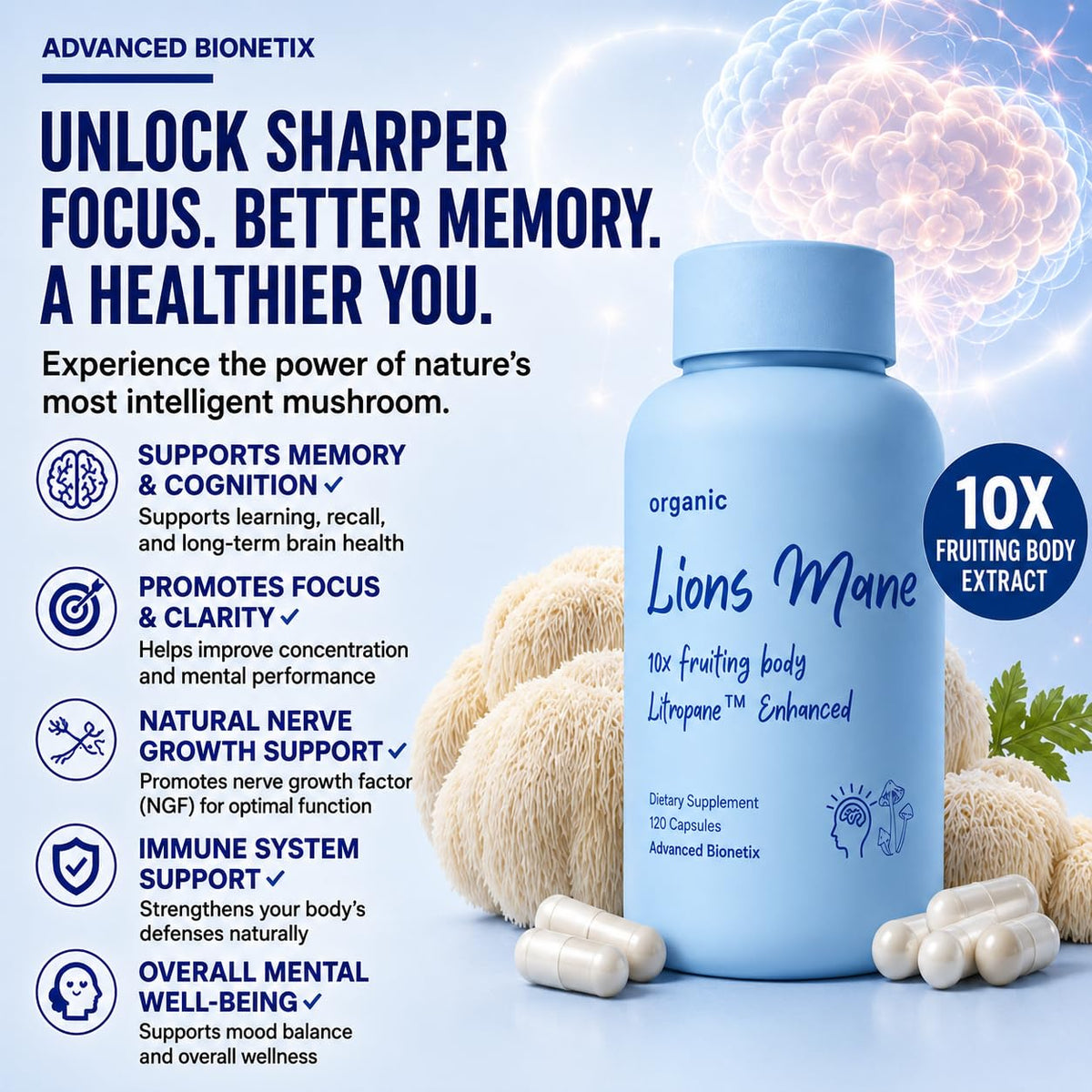 Vue avant des capsules de Lion's Mane Advanced Bionetix