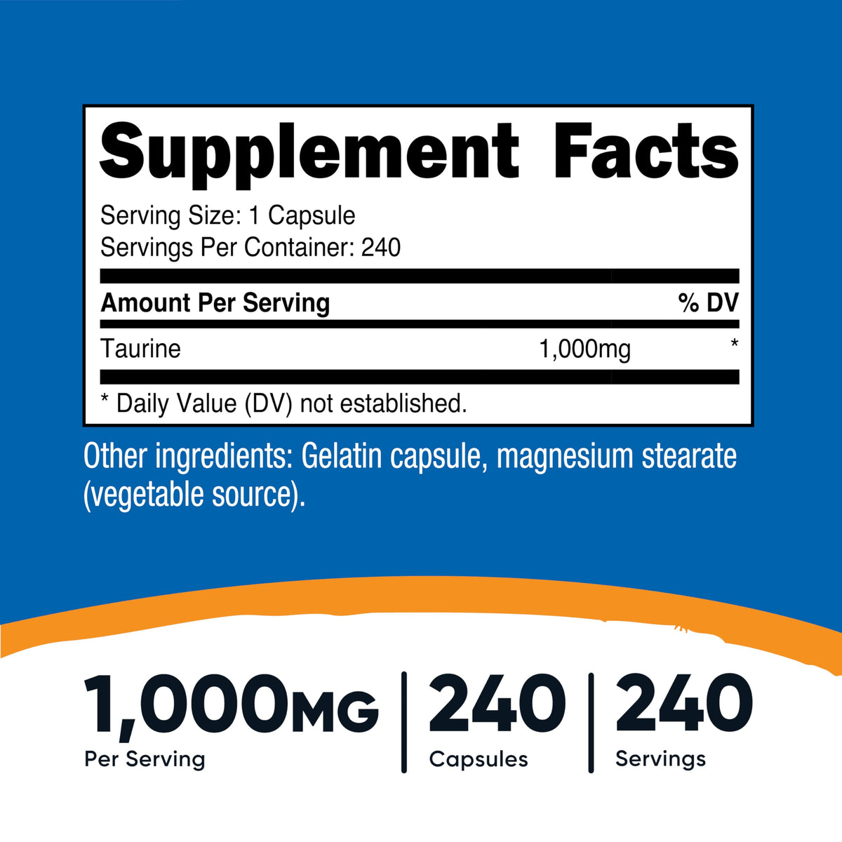 Vue avant du flacon de capsules Nutricost taurine 1000mg