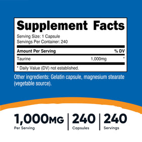 Vue avant du flacon de capsules Nutricost taurine 1000mg