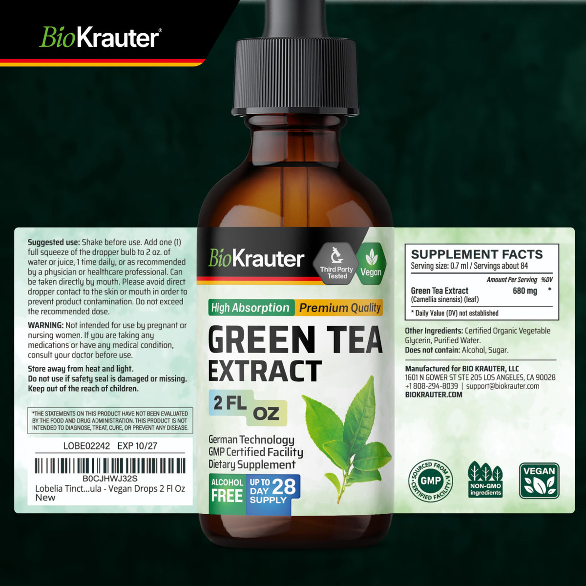 Vue d'ensemble de 141g d'extrait de thé vert BIO KRAUTER sur une surface claire