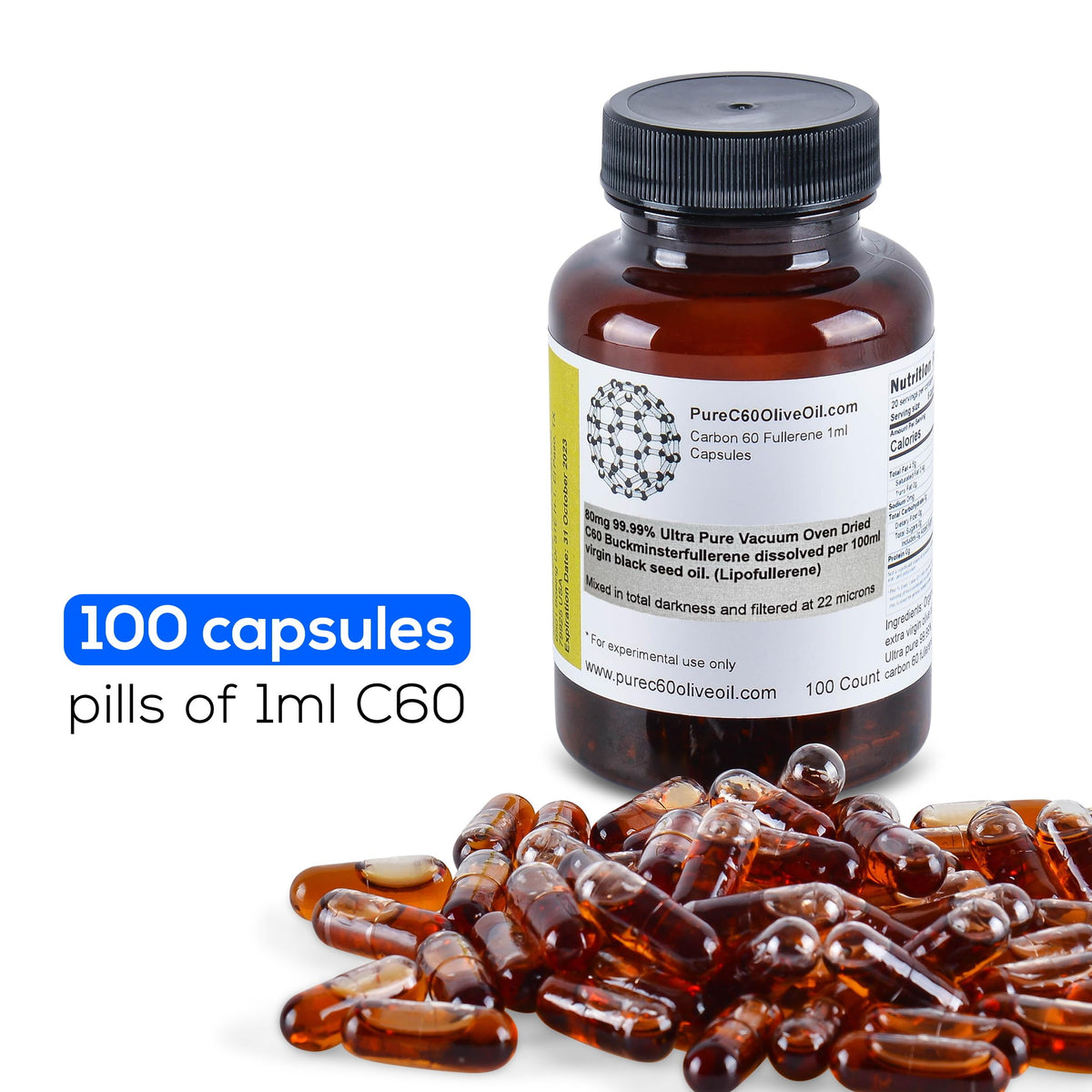 Vue d'ensemble des capsules d'huile de graines noires C60 sur fond blanc