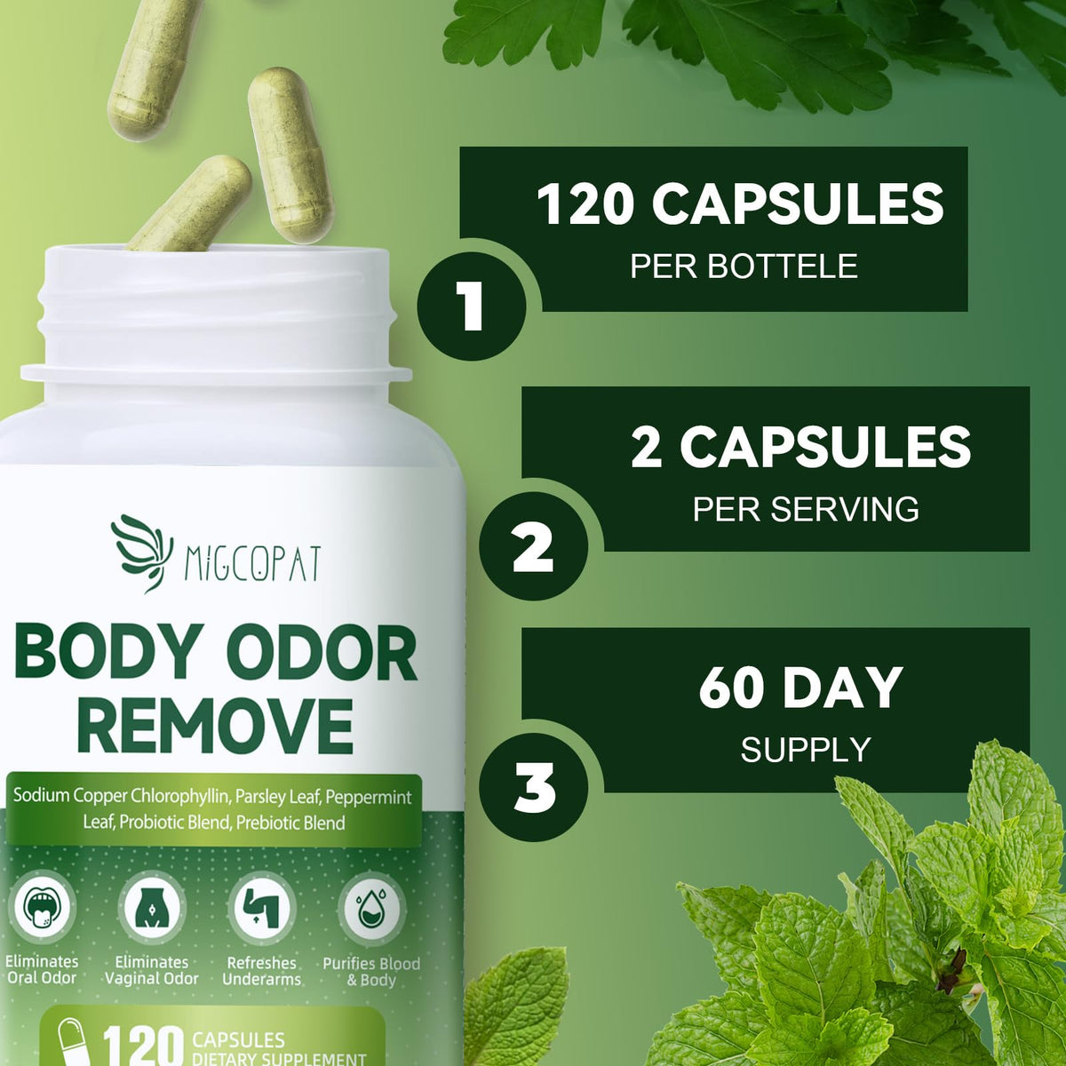 Vue d'ensemble des capsules de chlorophylle Migcopat sur une table