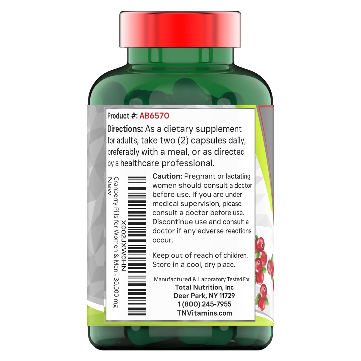 Vue d'ensemble des capsules de cranberry tnvitamins sur une table