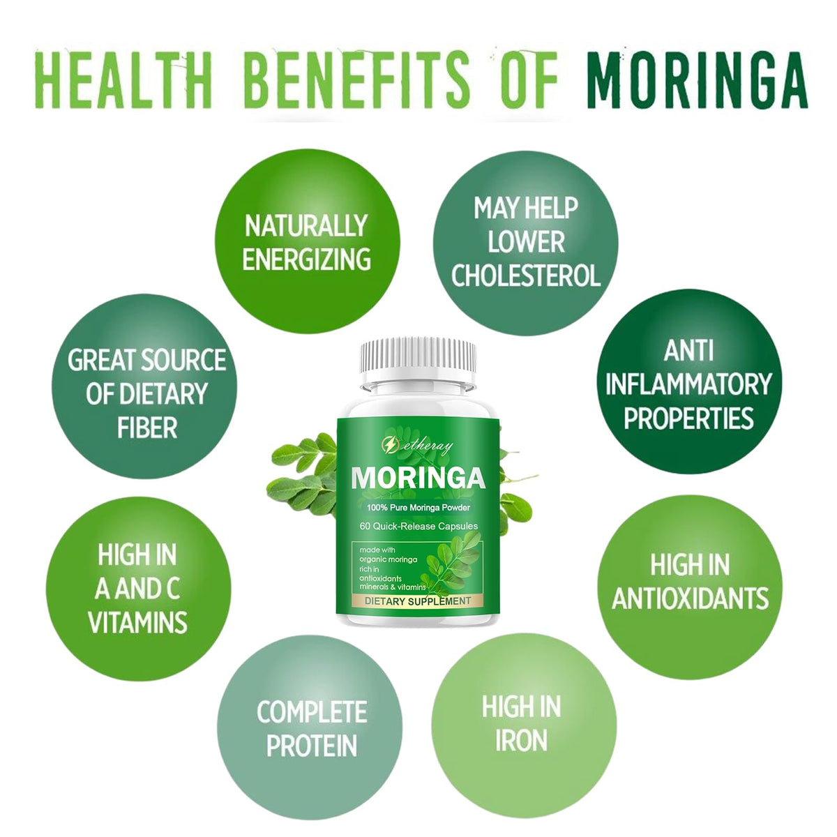 Vue d'ensemble des capsules de Moringa etheray avec des feuilles de moringa