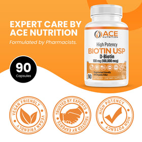Vue de côté de ACE NUTRITION Biotine 100 000 mcg avec étiquette