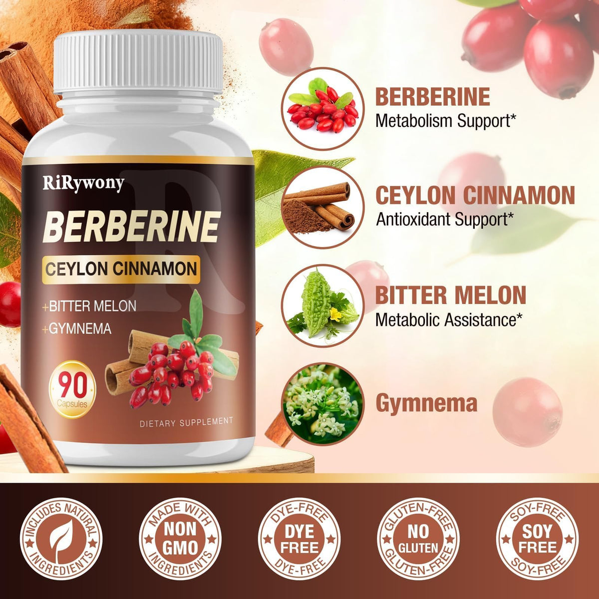 Vue de côté de l'emballage de Berbérine RiRywony Health