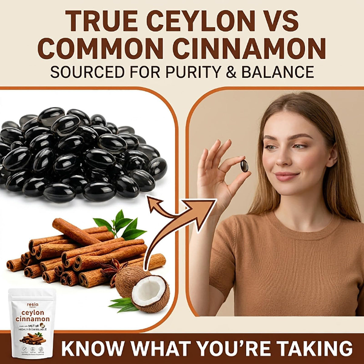 Vue de côté de l'emballage de Ceylon Cinnamon avec Huile MCT