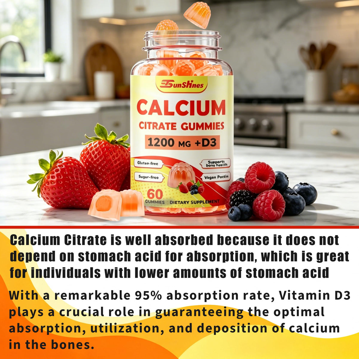 Vue de côté de l'emballage des gummies de calcium tsunshnes