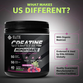 Vue de côté de la boîte de créatine monohydrate ELITE WELLNESS