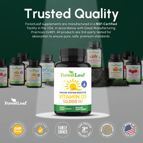 Vue de côté de la boîte de ForestLeaf Vitamine D3 50 000 UI