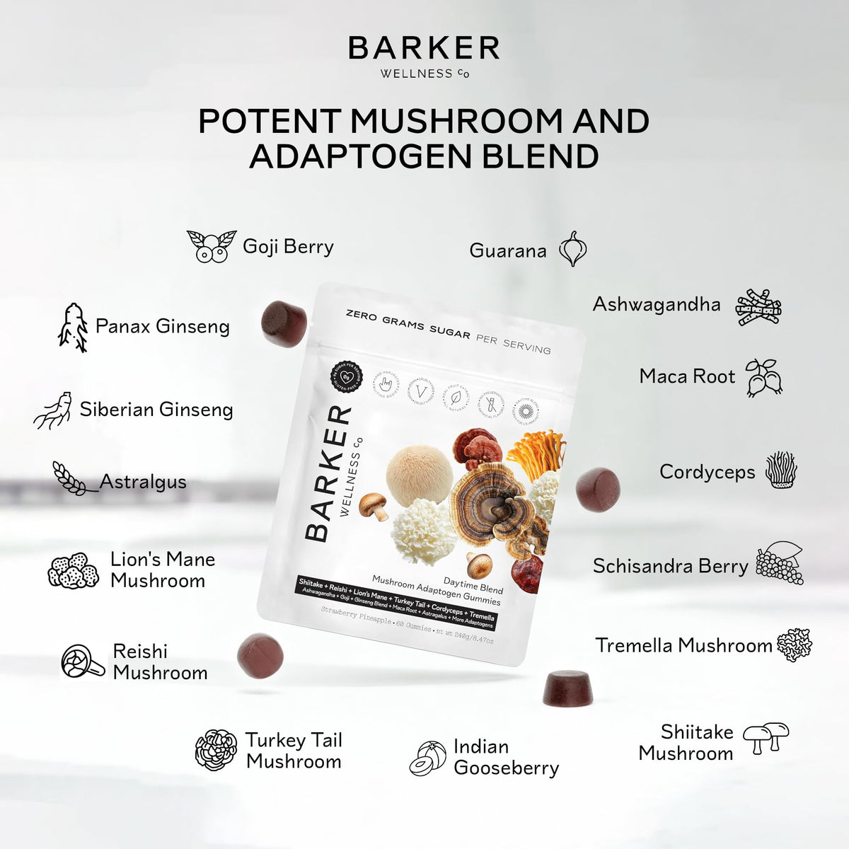 Vue de côté de la boîte de gummies de champignons Barker Wellness