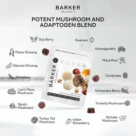 Vue de côté de la boîte de gummies de champignons Barker Wellness