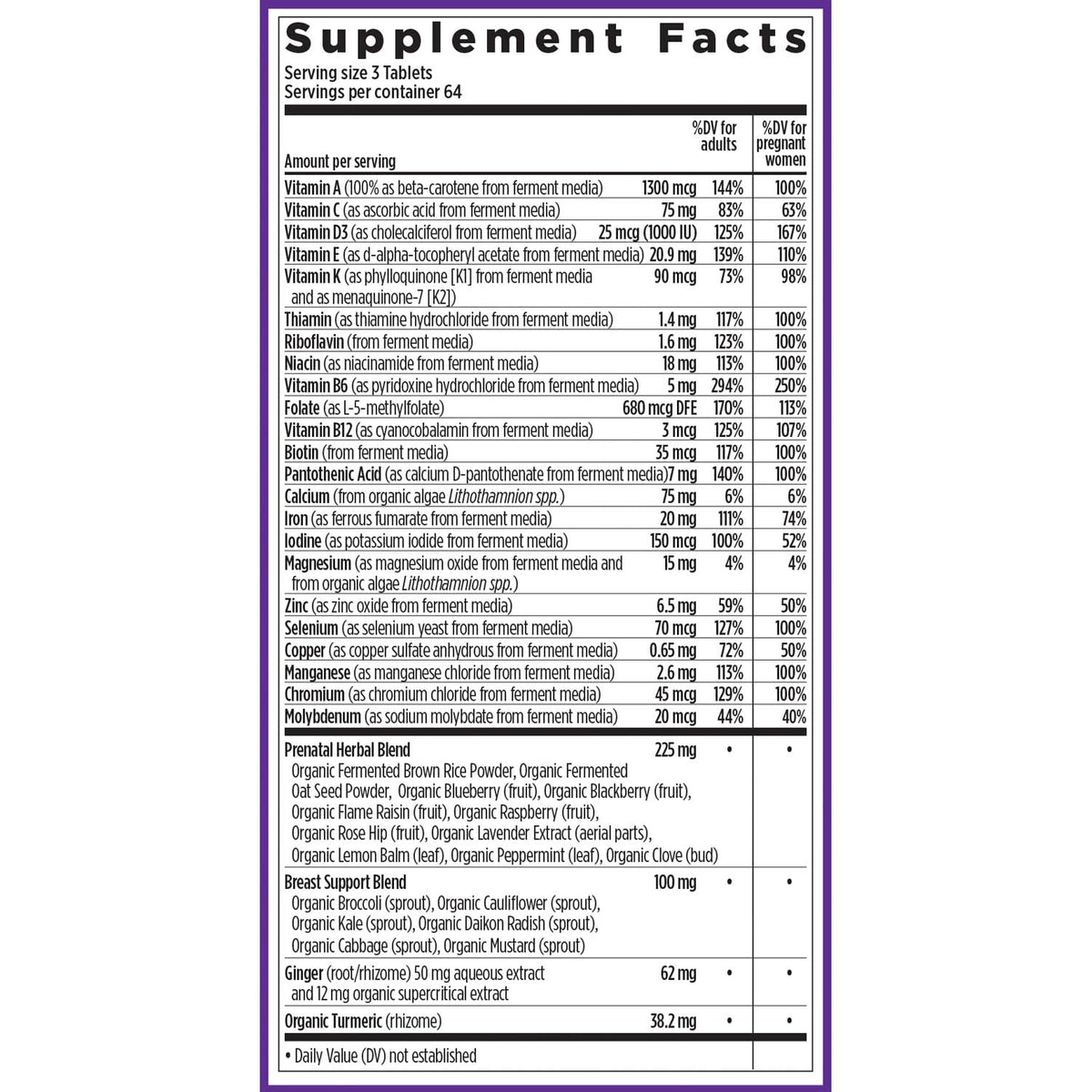 Vue de côté de la boîte de vitamines prénatales New Chapter