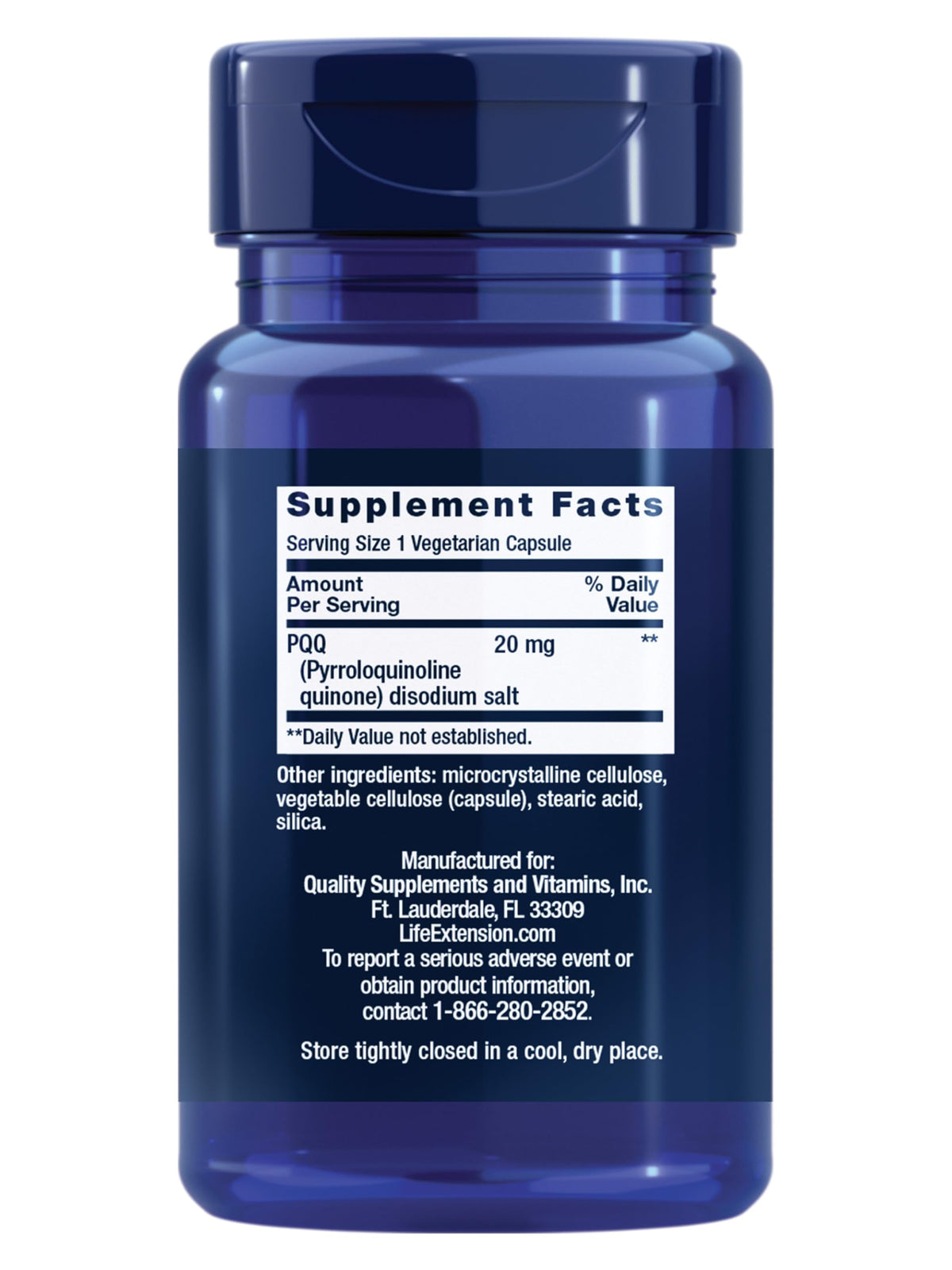 Vue de côté de la boîte Life Extension PQQ avec 30 capsules