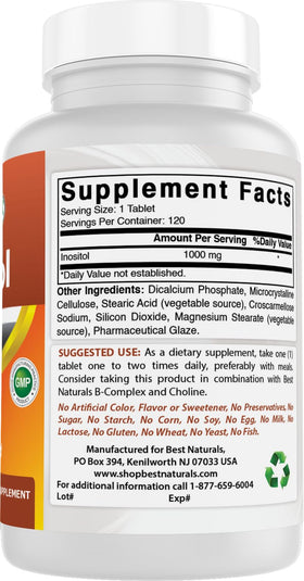 Vue de côté de la bouteille Best Naturals Inositol 1000 mg