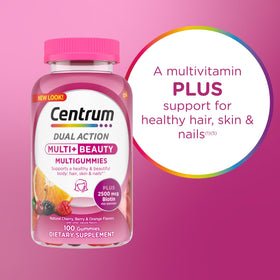 Vue de côté de la bouteille Centrum MultiGummies Beauté