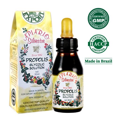 Vue de côté de la bouteille d'extrait de propolis verte Apiario Silvestre