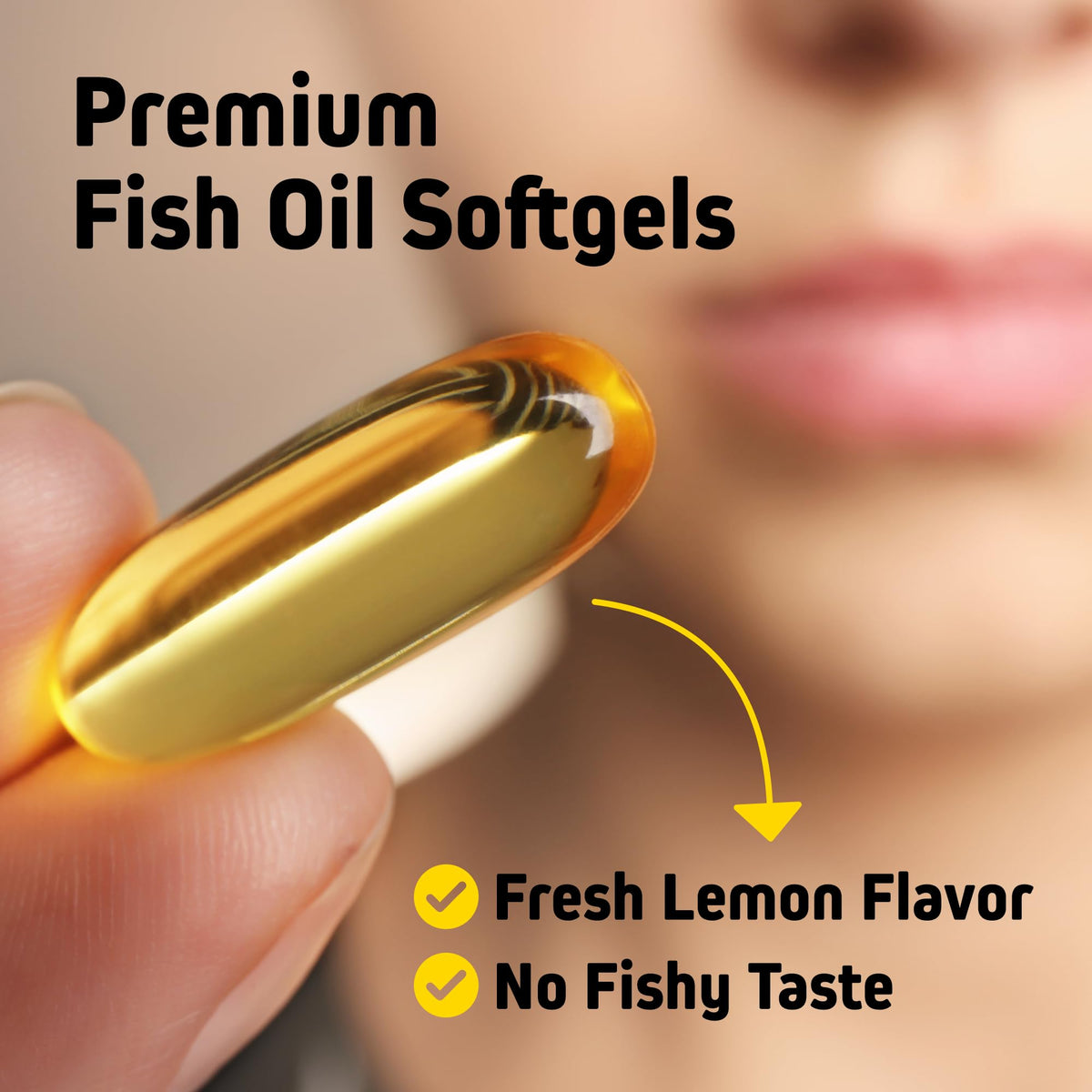 Vue de côté de la bouteille d'huile de poisson Omega 3 Herbtonics
